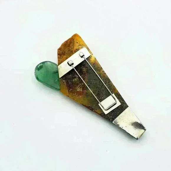 Sterling Silver Brooch with Jade and Baltic Amber - Picture 2 of 3